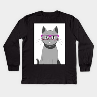 Cute Grey Cat with Nerdy Pink Glasses - Anime Wallpaper Kids Long Sleeve T-Shirt